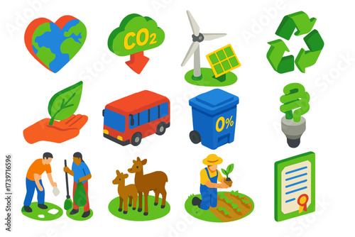 Climate Action Icons. Isometric vector illustration set Climate action symbols: earth heart icon, CO2 reduction symbol, renewable