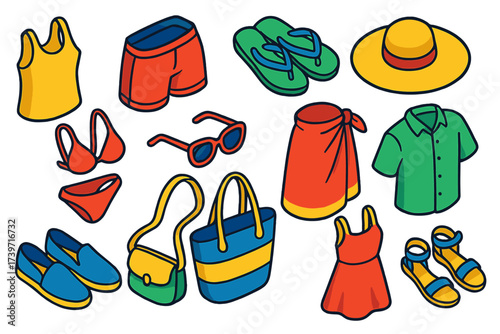 Summer Clothing Icons. Isometric vector illustration set Summer clothing: tank top, shorts, flip flops, beach hat, bikini,