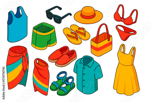 Summer Clothing Icons. Isometric vector illustration set Summer clothing: tank top, shorts, flip flops, beach hat, bikini,