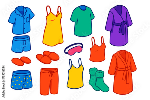 Colorful Nightwear Icons. Isometric vector illustration set Nightwear: pajama set, nightgown, robe, slippers, sleep mask,