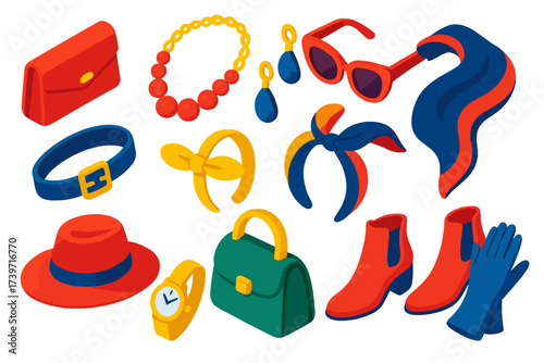 Women's Accessories Icons. Isometric vector illustration set Accessories for women: clutch purse, statement necklace, earrings,