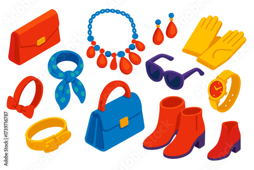 Women's Accessories Icons. Isometric vector illustration set Accessories for women: clutch purse, statement necklace, earrings,
