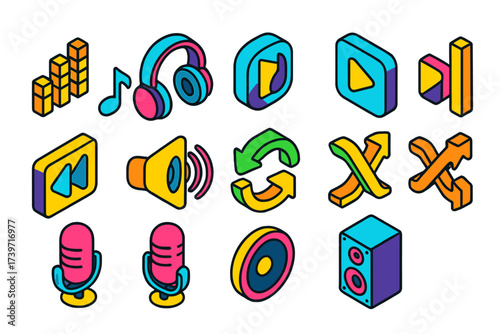 DJ Tools Icons. Isometric vector icon set DJ tools: equalizer, music note, headphones, play button, pause, skip next, skip back,