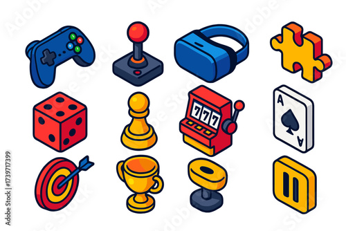 Gamer Icon Collection. Isometric vector icon set gamer collection: gamepad, controller, joystick, VR headset, puzzle piece, dice,