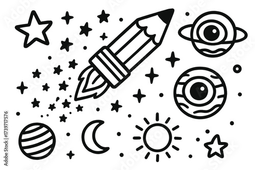 Whimsical Space Doodles. Vector doodle stickers: rocket shaped like a pencil, drawing trails of stars, planets with eyes,