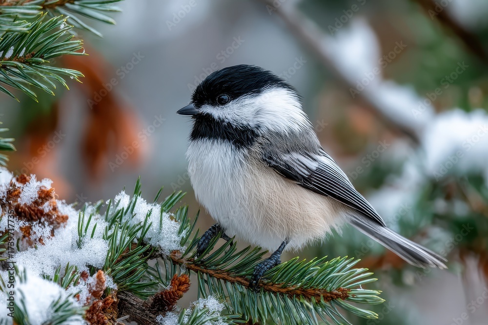 Fototapeta premium A small chickadee rests on a snow-dusted evergreen branch in winter. Use it for winter, nature, or bird-watching themed content.
