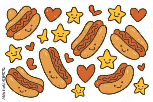 Whimsical Hotdog Stickers. Whimsical doodle stickers: hotdogs with happy faces, mustard stars, ketchup hearts, cheerful doodle