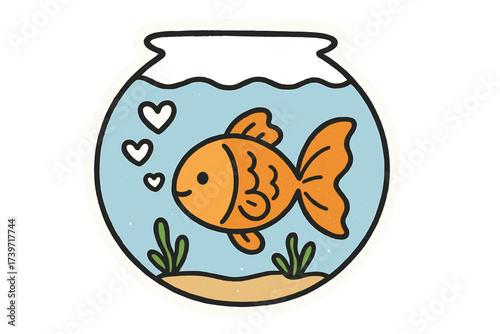 Whimsical Goldfish Doodle. Lovely doodle stickers: goldfish in a bowl with eyes, bubbles shaped like hearts, tiny seaweed waving,