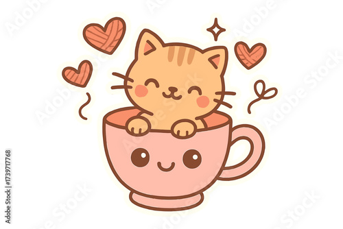 Kitten Teacup Doodle. Delightful doodle stickers: kitten inside a teacup with eyes, floating yarn hearts, doodle charm, white
