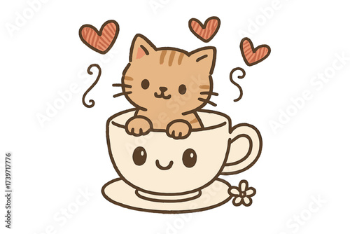 Kitten Teacup Doodle. Delightful doodle stickers: kitten inside a teacup with eyes, floating yarn hearts, doodle charm, white