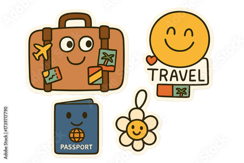Playful Travel Doodles. Playful doodle stickers: suitcase with eyes, travel stickers smiling, passport with a face, cheerful