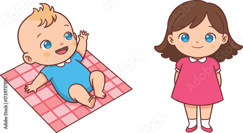 Cartoon baby and young girl illustration, happy children character design, childhood development, family concept, outdoor play, educational drawing, cute kids
