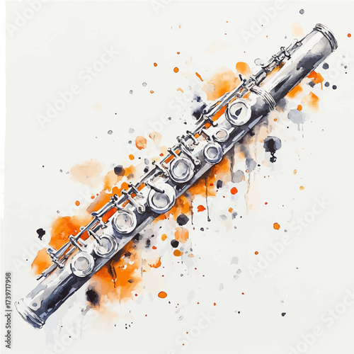 Flute, watercolor painting vector, isolated on a white background.