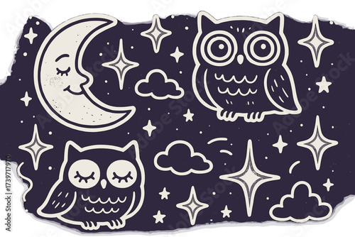 Magical Night Doodles. Magical doodle stickers: night sky with moon smiling, owls with eyes, glowing stars, dreamy doodle charm,