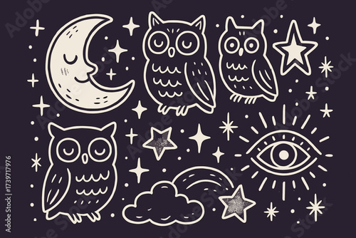Magical Night Doodles. Magical doodle stickers: night sky with moon smiling, owls with eyes, glowing stars, dreamy doodle charm,