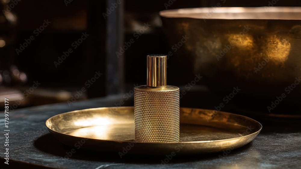 Obraz premium Cylindrical Bronze Perfume Bottle Resting on a Gold Tray