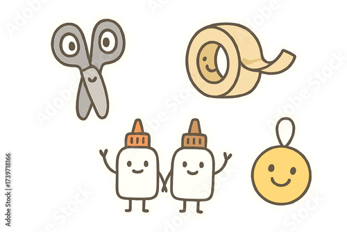 Cheerful Craft Supplies. Adorable doodle stickers: scissors with eyes, tape smiling, glue bottles waving, cheerful doodle charm,