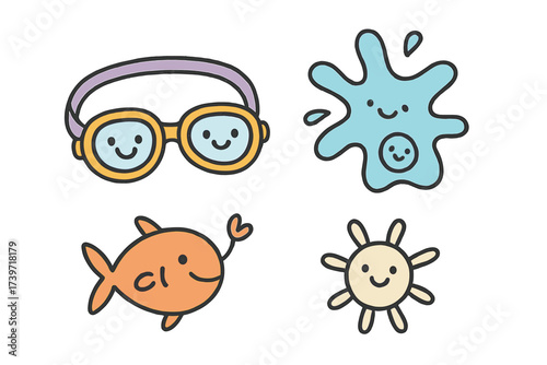 Whimsical Swimming Stickers. Whimsical doodle stickers: swimming goggles with happy eyes, splash with faces, tiny fish waving,