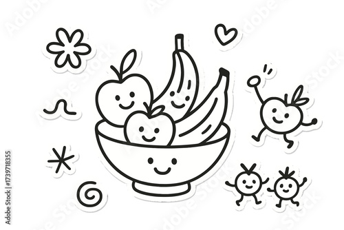 Joyful Fruit Doodles. Joyful doodle stickers: fruit bowl with smiling apples and bananas, tiny berries dancing, simplified doodle
