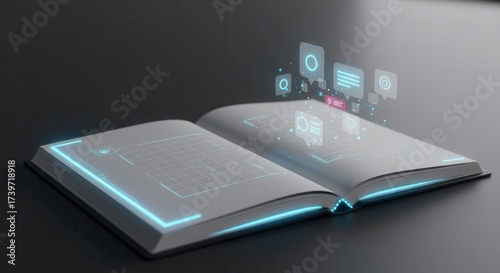 Wallpaper Mural Open book with futuristic glowing elements emitting upwards, floating data symbols above pages with illuminating blue lines highlighting book's edge, showcasing technology and information Torontodigital.ca
