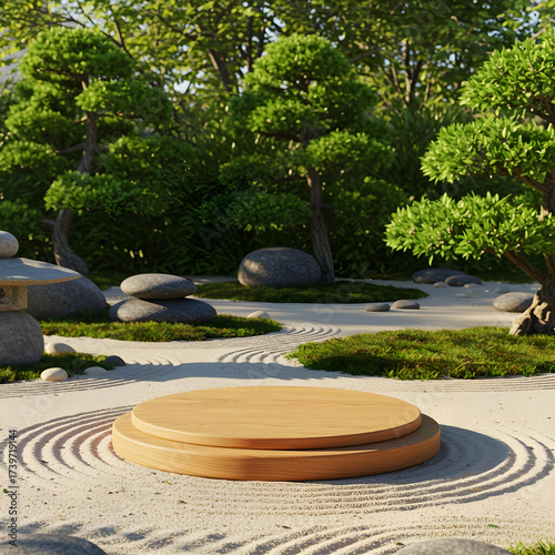 Serene Garden Stage: A minimalist wooden stage stands in a tranquil Japanese garden setting, with meticulously raked sand patterns, manicured trees.