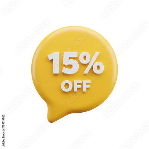 Yellow speech bubble with 15 off isolated on transparent background