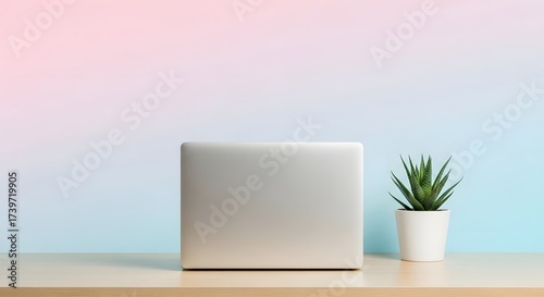 Modern workspace featuring a sleek laptop on a wooden desk with a potted plant against a pastel background