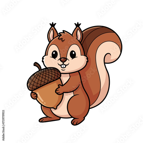 Cartoon squirrel holding an acorn, with a fluffy tail and smiling.