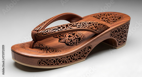 Ornate wooden geta sandal with carvings