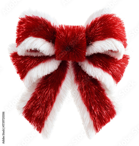 Red and white fluffy bow isolated on a transparent background