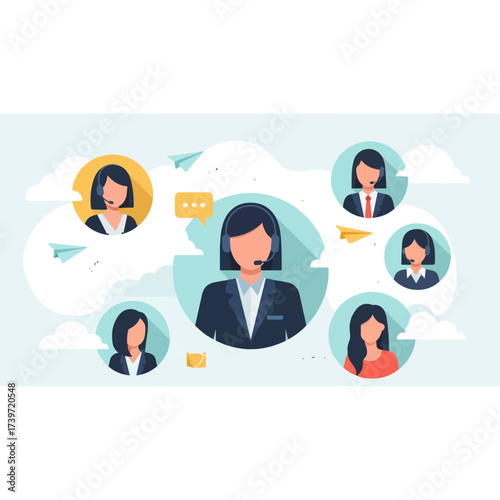 Customer service representatives communicating with clients using headsets