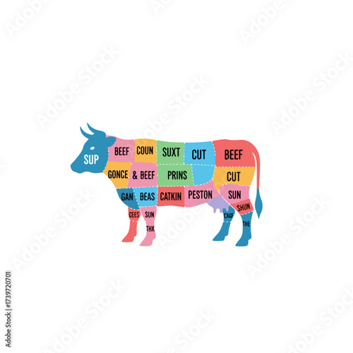 Colorful beef cuts diagram on white background for culinary education