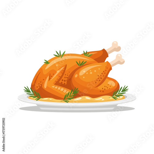Roasted turkey on a plate with rosemary garnish, cartoon illustration.