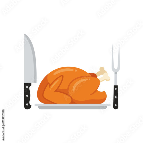 Illustration of a roasted turkey on a platter with carving knife and fork.