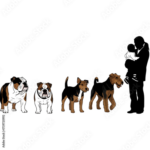 Man holding baby with dogs, silhouette, isolated on white background