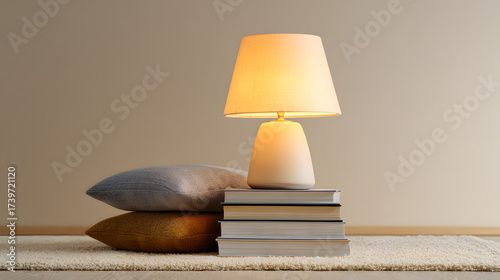 An inviting bedside lamp illuminates a stack of books alongside cozy pillows, creating a warm ambiance