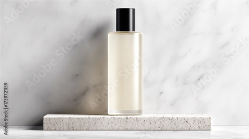 Cylindrical perfume bottle with black cap on white surface