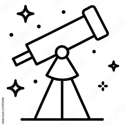 Black and white telescope icon with a starry night sky