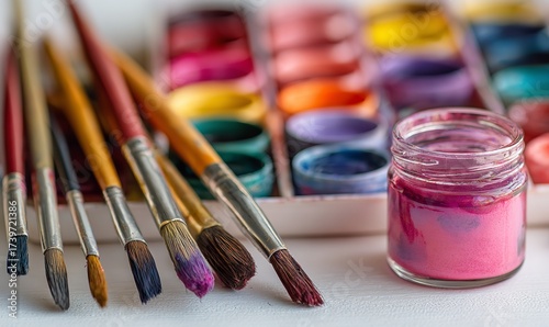 Inspiring artists gather colorful paints and brushes, ready to bring vibrant creations to life with creative passion