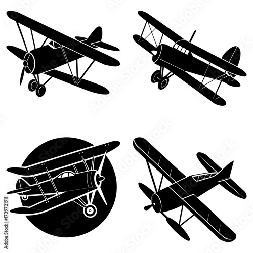Four black and white vintage biplane aircraft illustrations in different flying positions and orientations
