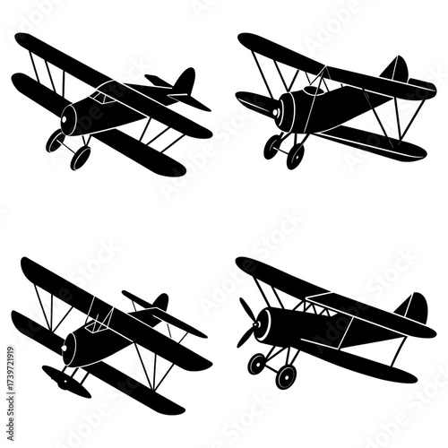 Four black and white silhouette images of vintage biplane airplanes in various flying perspectives