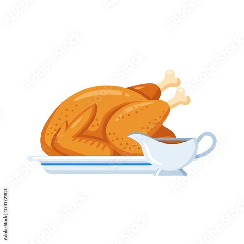 Roasted turkey with gravy on a platter, Thanksgiving dinner.