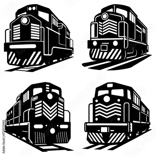 Four black and white locomotive train engine illustrations on a white background in vector format