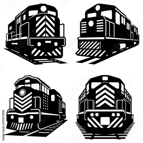 Four black and white locomotive train engine illustrations in various perspectives and orientations
