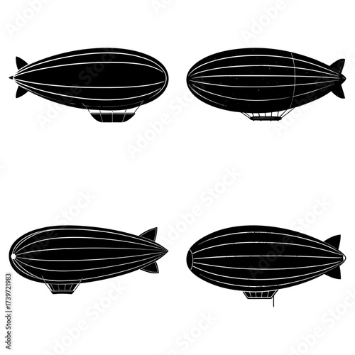 Four vintage zeppelin illustrations in black and white showcasing different angles and perspectives of airships
