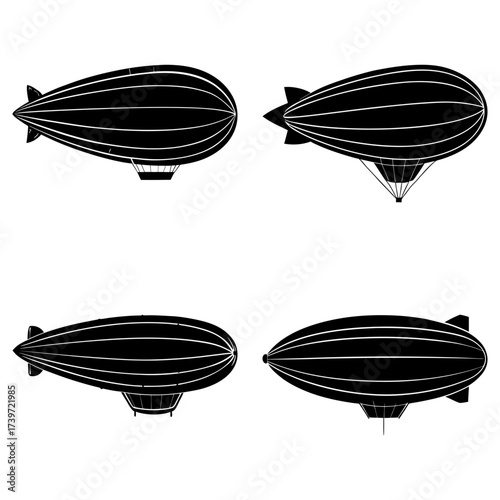Four black and white zeppelin illustrations with gondolas and tail fins in various orientations shown