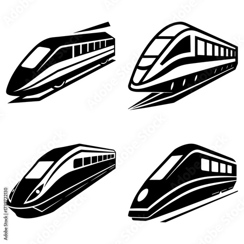 Collection of four black and white stylized illustrations of high speed passenger trains in various perspectives