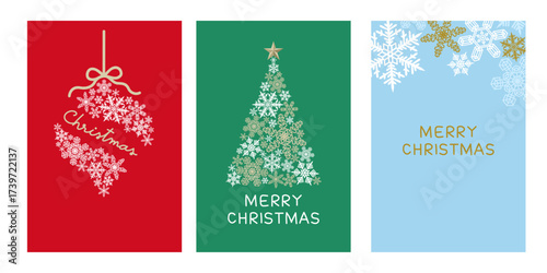 Christmas banner layouts with snowflake pattern design for artwork background, poster or card. Shape of Christmas tree and ornament with red, green and blue color.