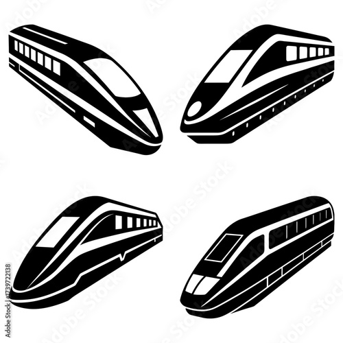 Four black and white illustrations of high speed bullet trains in various perspectives and orientations