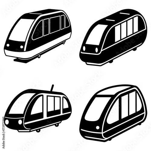 Collection of four distinct black and white monorail train designs in varying perspectives and styles